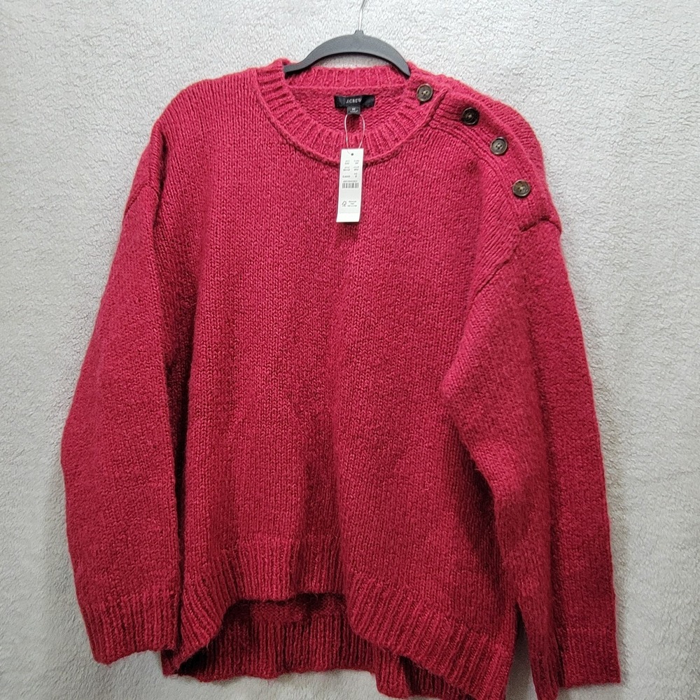 NEW! J Crew Button Shoulder Sweater Medium Crew Neck Raspberry Pink Wool Alpaca